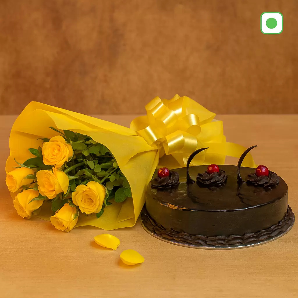 Yellow Roses Bouquet with Chocolate Cake
